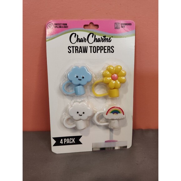 CharCharms Straw Toppers 4 Pack Clouds Rainbow Flower - Picture 1 of 2
